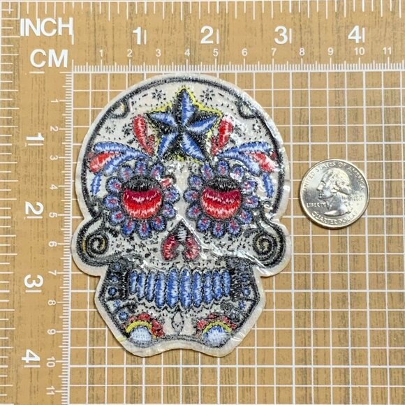 Orange Blue Black Star Sugar Skull Iron on Patch Embroidered Dia de los Muertos - Picture 3 of 4